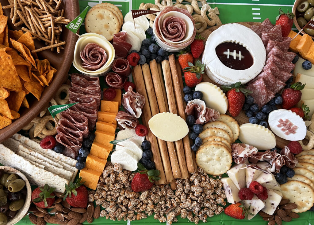 Football Grazing Table, viewed from the top down, showing a fun themed assortment of charcuterie!