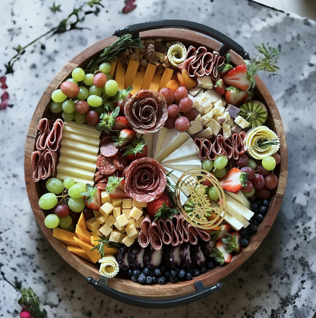 A custom, birthday party-themed charcuterie board in a circular wooden basket
